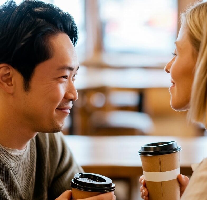 カフェでコーヒーを飲む日本人と外国人